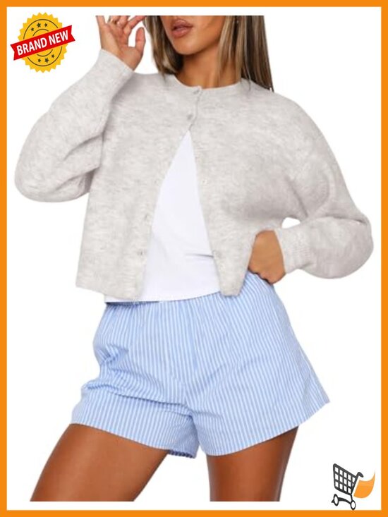 Sweaters - Cropped Cardigan Sweater Crew Neck Long Sleeve Button Front Lightweight Knit
